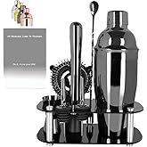 Cocktail Shaker Set, Bartender Kit, Cocktail Shaker with Stand, Drink Mixing Includes Martini Shaker,Strainer,Jigger,Bar Mixer Spoon,Muddler, Pourer, Bar Tool Set ﻿ (Black)
