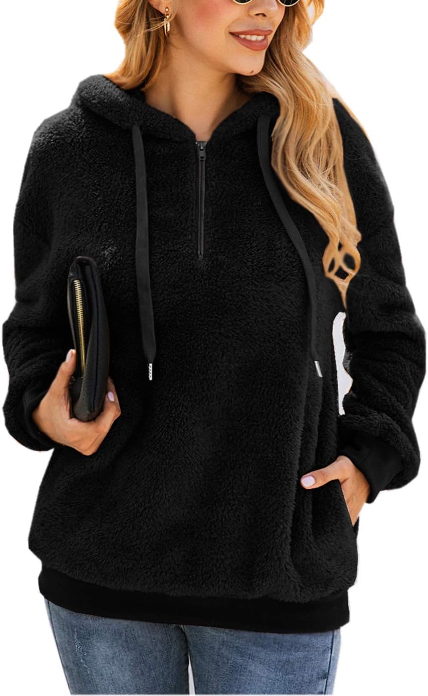 Women's Teddy Fleece Long Sleeve Fuzzy Hoodie Hooded Sweatshirt Drawstring Pullover Fuzzy Velvet Sweater Outwear