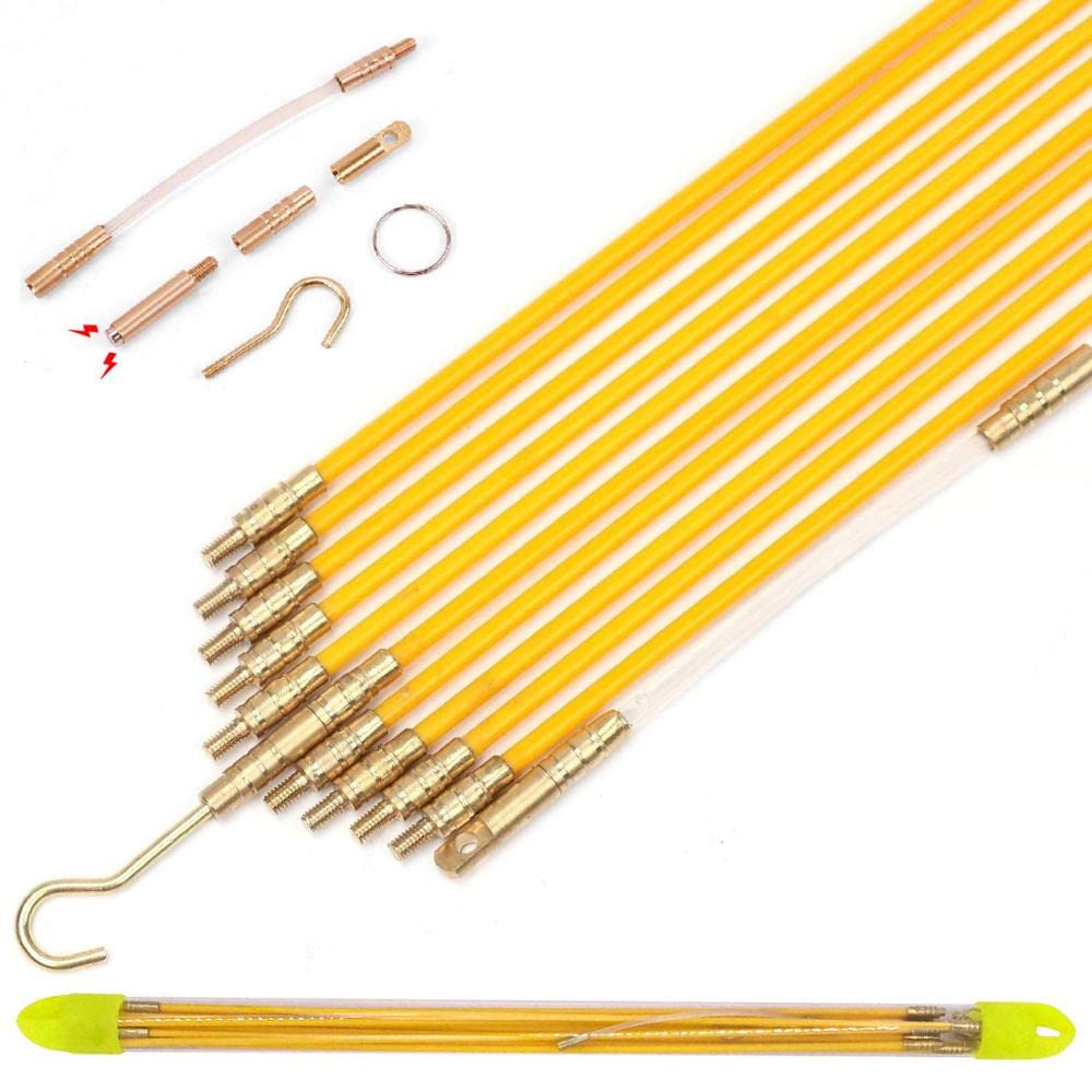 Tiardey 10.83FT Fiberglass Electrical Cabling Rods Fish Tape Connectable Fish Tape Pull Kit with Hook and Threader Running Puller