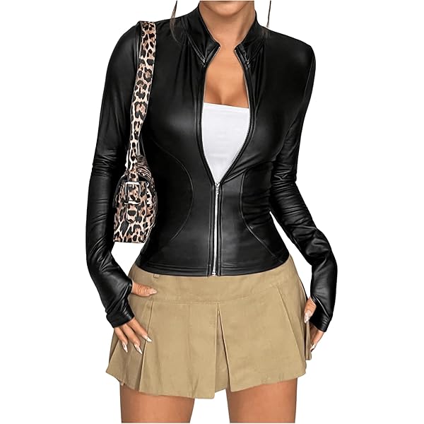 ZWRXW Womens Faux Leather Shits Jackets Sexy Slim Fit Button Long