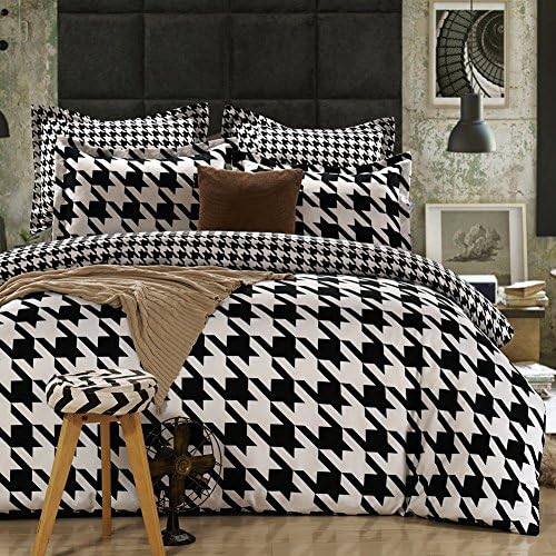 Queen Tina Microfiber Polyester Houndstooth Print 4PC Duvet Cover Set King Size Black&amp;White