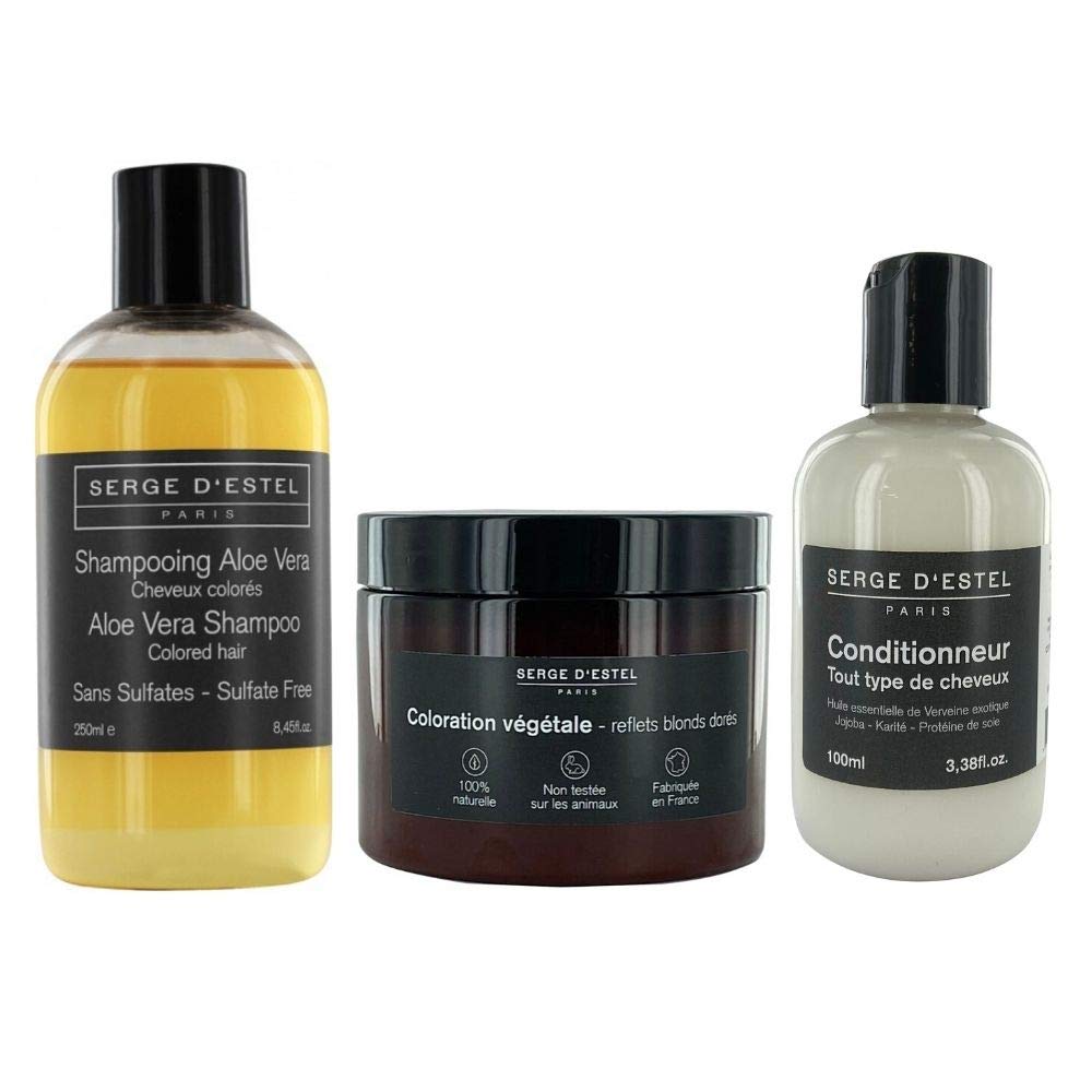 Vegetable Coloring Golden and Blonde Reflections 200g Hair Colored Shampoo Sulfate Free 250ml Detangling Conditioner 100ml Hair Colored Care Made in Paris