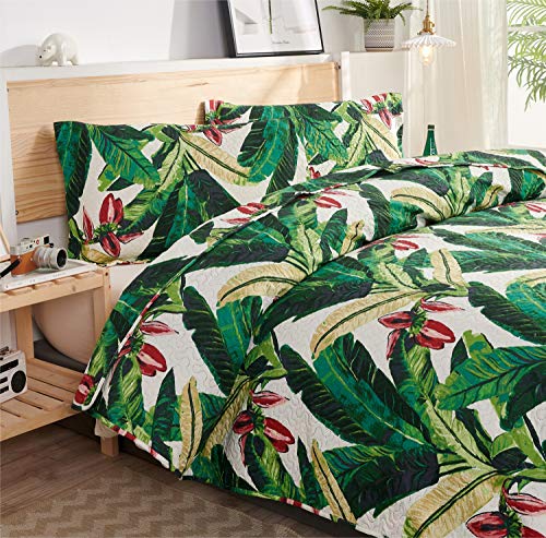 Tropical Rainforest Summer Quilt Set King Size Green Leaf Bedding Set Lightweight Reversible Botanical Flower Bedspread Coverlet with Sham Soft Breathable Bed Set, 1 Quilt and 2 Pillowshams