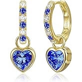 Heart Birthstone Dangle Drop Earrings for Women: 925 Sterling Silver Hypoallergenic Huggie Earrings with Dainty 5A CZ, Trendy Jewelry Valentine Anniversary Birthday Gifts for Her Wife Girlfriend Mom