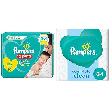 Pampers New Diapers Pants, New Baby (20 Count) & Pampers Fresh Clean Baby Wipes (64 Count)