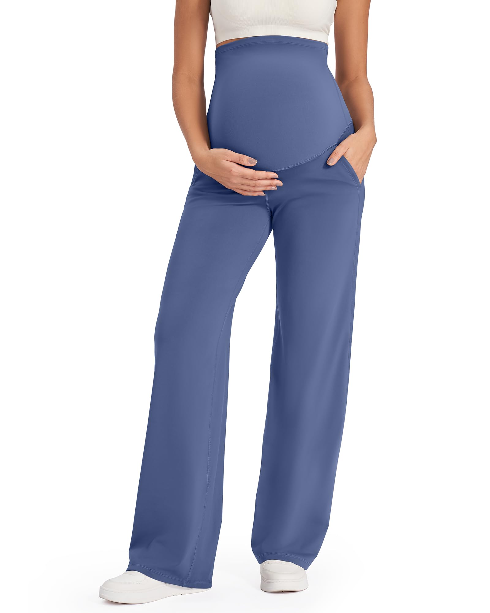 G4Free Maternity Sweatpants Over The Belly Wide Legs Baggy Work Pants for Casual Workout Postpartum Outfits for Women(Denim Blue,S,Petite) Image
