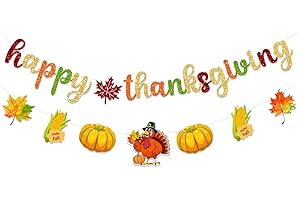 FHGG Pre-Strung Happy Thanksgiving Banner Decorations Give Thanks Decorations Fall Leaves Garland Thanks Giving Party Decoration Glitter Turkey Pumpkin Maple Leaves Banner for Thanksgiving Fall Give Party Outdoor Indoor Décor NO DIY