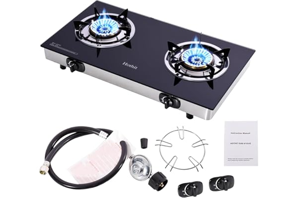 Hothit Portable 2 Burner Propane Stove Gas Cooktop, 28600 BTU Tempered Glass Auto Ignition for Outdoor Kitchen, Camping, RV, 