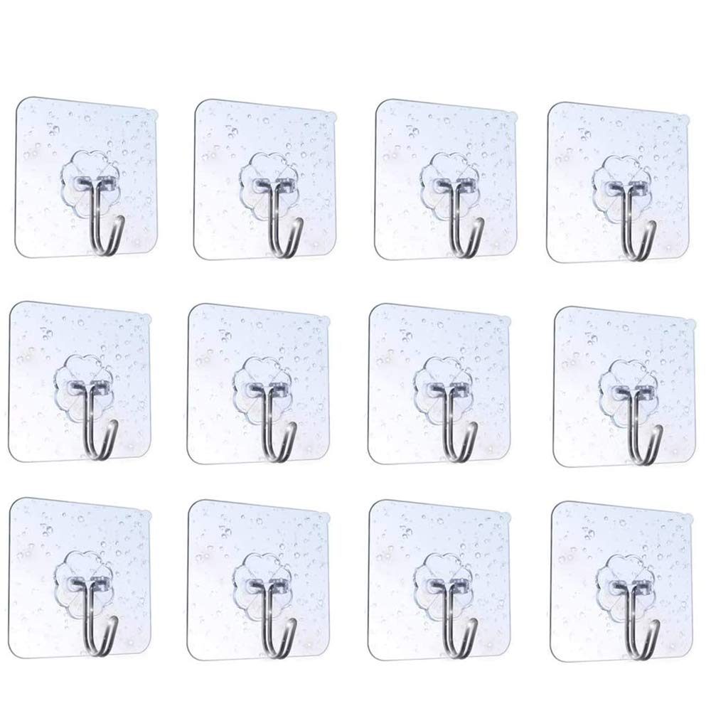 BINGXIAN Adhesive Hooks (12 Pack) Transparency Waterproof Self Adhesive Hook,Heavy Duty Wall Hooks 44LBS/20KG