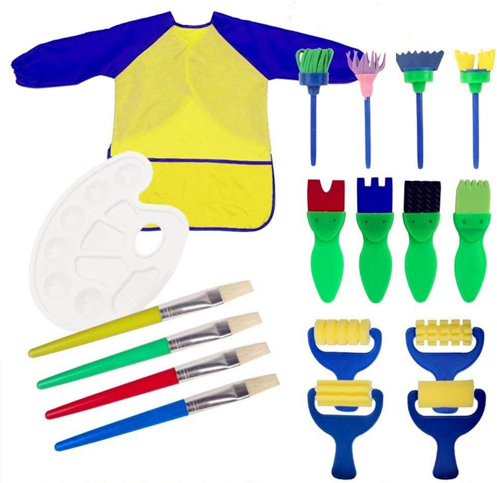 Centtechi Sponge Painting Brush for Kids, 18 Pcs Paint Brushes Drawing Kit for Children Painting with Plastic Palette and Apron Toddlers Early Learning Arts Craft DIY Accessories Tools