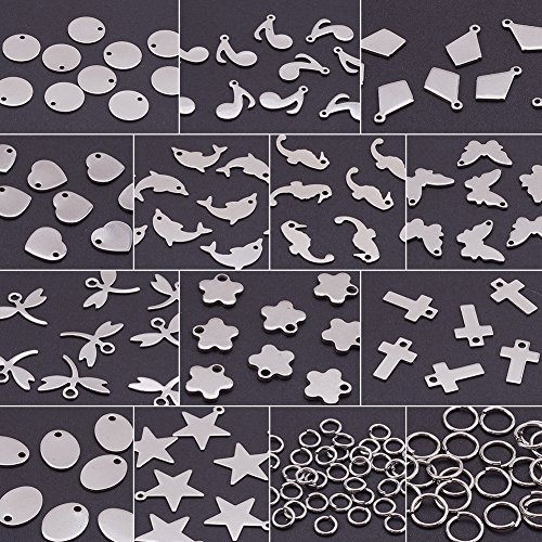 BENECREAT 144PCS Stainless Steel Blank Stamping Tag Mixed Shape Charm Pendants and 80PCS Jump Rings for Bracelet Necklace Earring Making