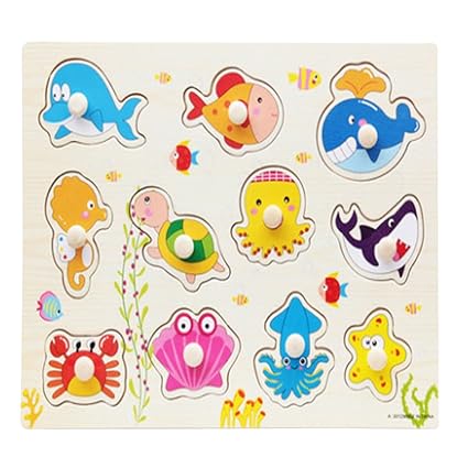 TOYMYTOY Wooden Jigsaw Puzzles Sea Animals Puzzles Early Development Education Toy for Baby Toddler