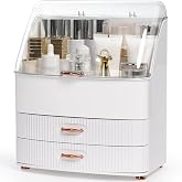 Makeup Organizer Countertop for Vanity with Lid and 2 Drawers, White | Large Capacity Dustproof Bathroom Counter Organizer fo