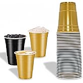 Yaure Joy 30 Pcs 16 oz Disposable Plastic Cups Bulk for Graduation Party Wedding Theme Party Birthday (Black Gold)