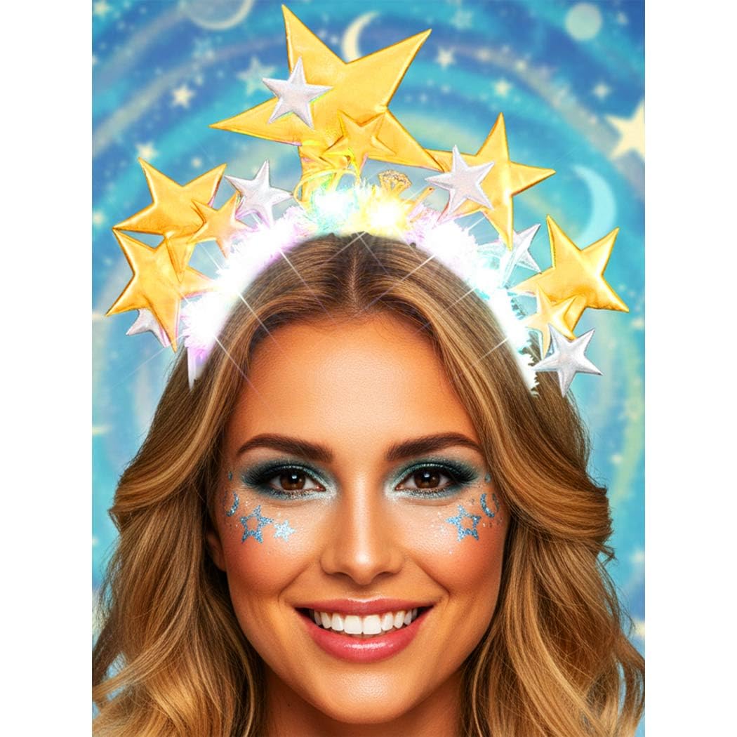 Zoestar Light Up Star Crown Headband Gold Stars LED Headbands Glowing Bridal Headpiece Hair Accessories for Women