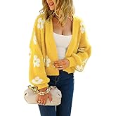 chouyatou Women's Fuzzy Daisy Printed Cropped Cardigan Open Front Jacquard Knit Sweater Tops