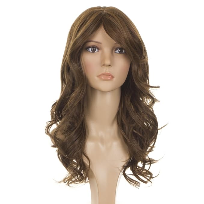 Mid Brown Long Wavy Wig Human Hair Blend Side Swept Fringe Nicole