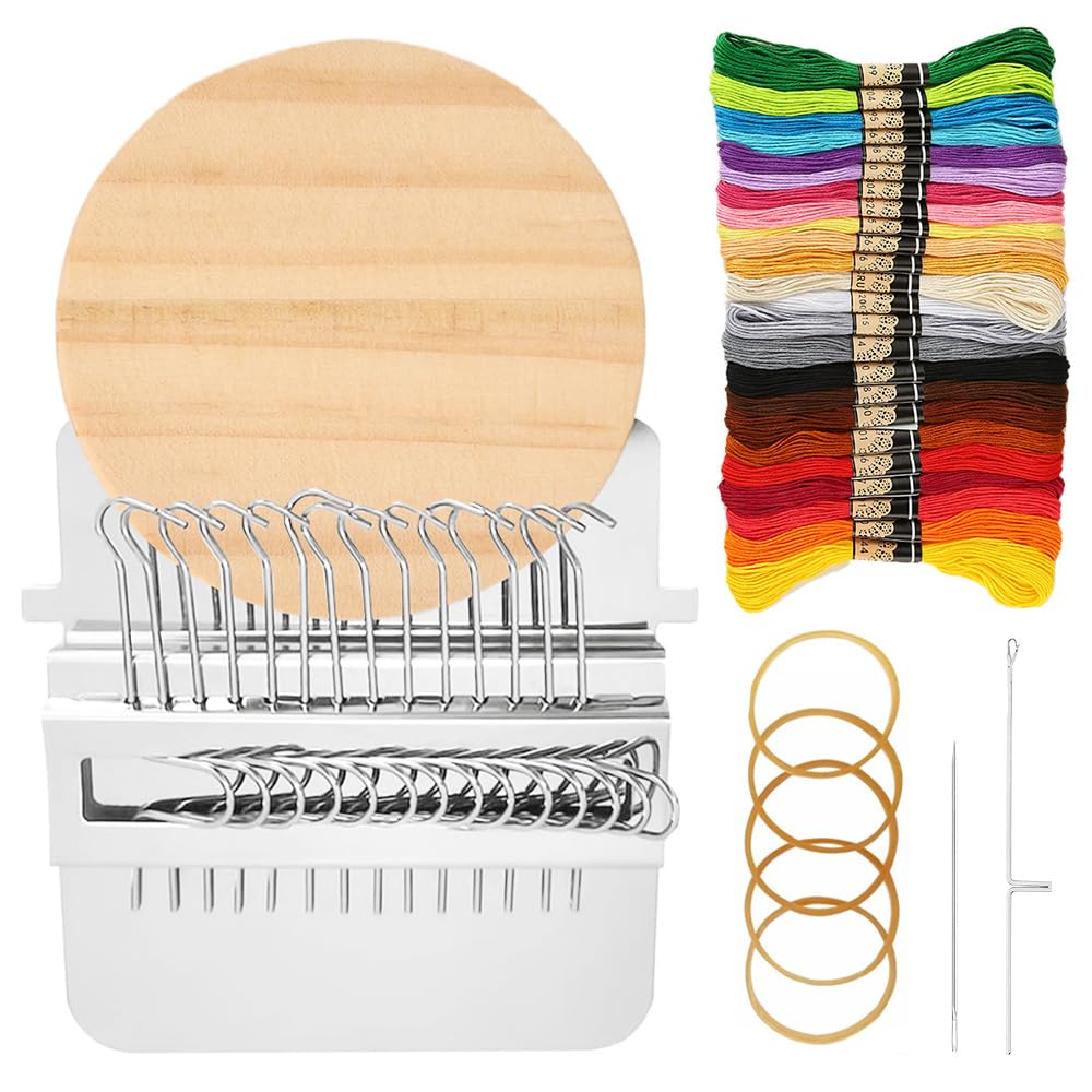 Small Darning Loom Weaving Loom, 14 Hooks Darning Looms Speedweve Type Weave Tool with 24 Color Threads, Mini Knitting Machine for DIY Weaving Arts, Repair Clothes, Beginners Mending Jeans Socks