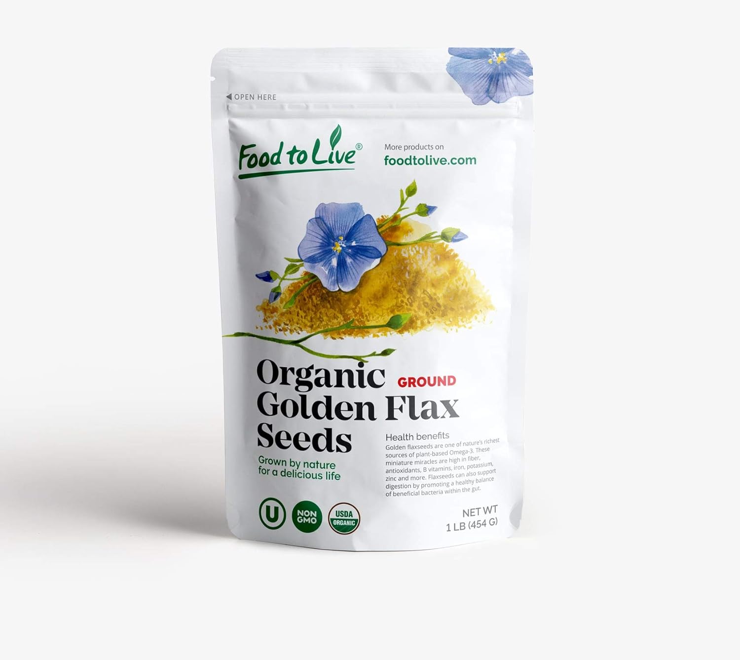 Organic Ground Golden Flaxseed Meal (Cold-Milled, Raw, Non-GMO, Kosher, Bulk) by Food to live — 1 Pound