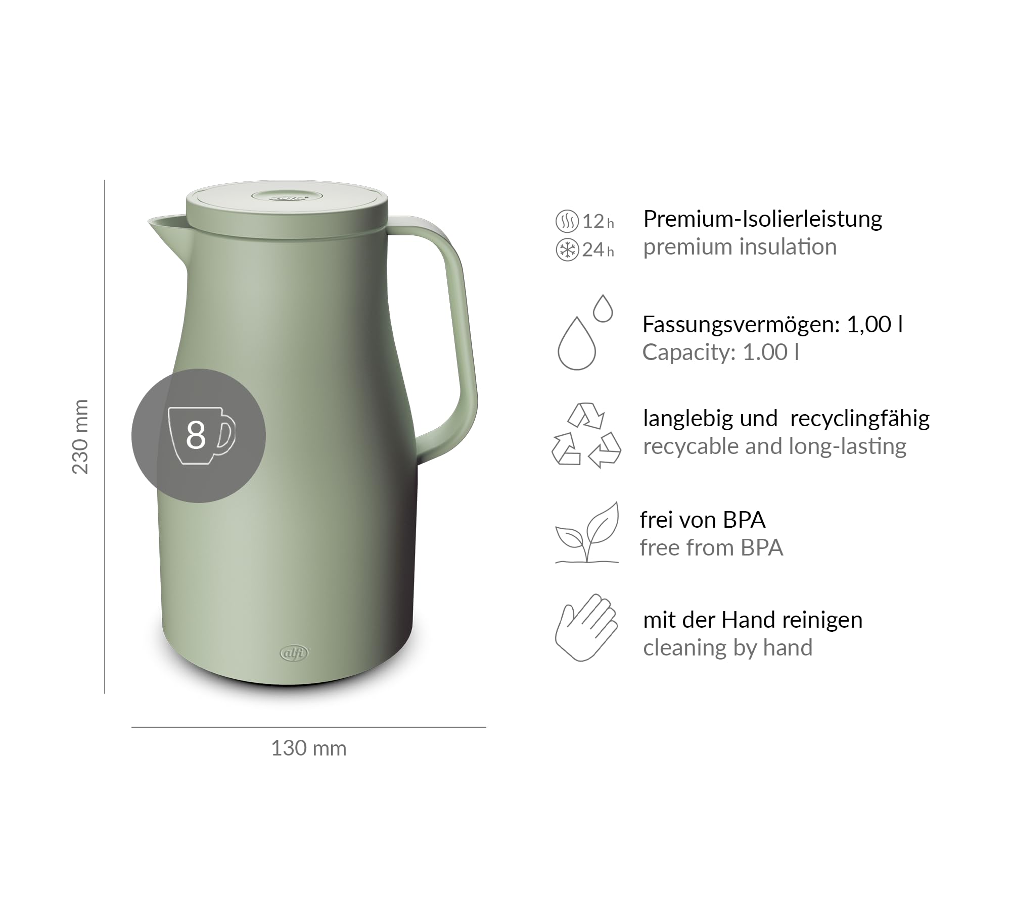 alfi ECONSCIOUS Isolierkanne 1,00 l, 12 h heiß, Hartglaseinsatz, fog green 7