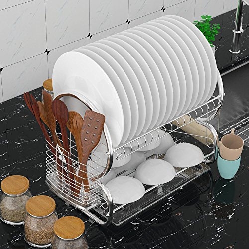 Meflying 2-Tier Dish Rack, Stainless Steel Dish Rack Drain Board Drainer Dryer Tray Holder For Glass Cup Home Kitchen - Thumbnail 4
