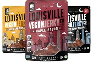 Louisville Vegan Jerky Co. Best Sellers 1 Variety Bundle Vegan Jerky 3 oz. 3 pack (Smoky Carolina BBQ, Smoked Black Pepper, Maple Bacon)