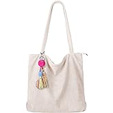 FITDON Corduroy Totes Bag with Zip, Shoulder Bags Handbags Women's Hobos Large Capacity Shopping Bag with Inner Pocket for Work School Beach Travel, Beige