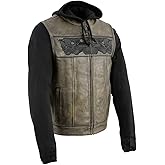 Milwaukee Leather MLM3561 Men's Leather Vest w/Removeable Hoodie- Distress Brown Reflective Skulls Motorcycle Vest
