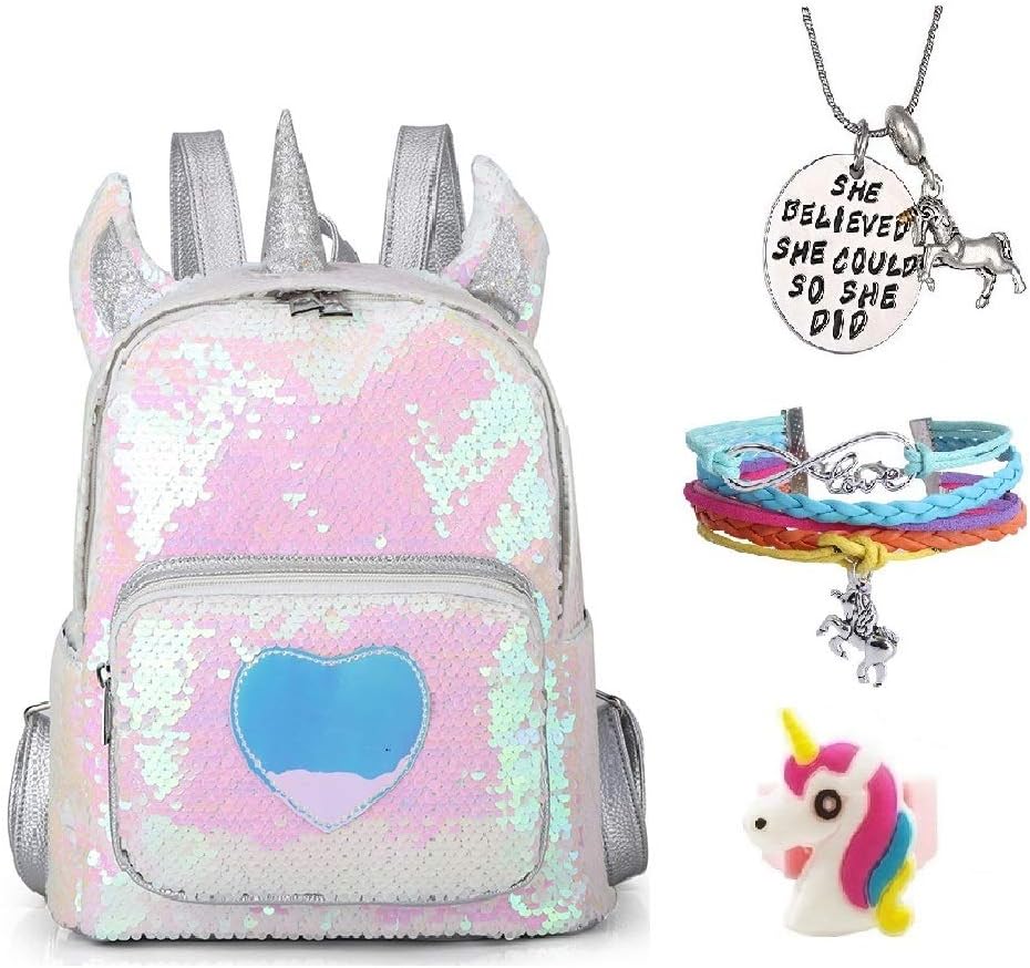 TIGOR Mermaid Unicorn Backpack Flip Sequin Backpack Bling Backbag Travel School Daypack for Women Girls + Unicorn/Bracelet/Inspirational Necklace/Ring (R Sequin- Silver)