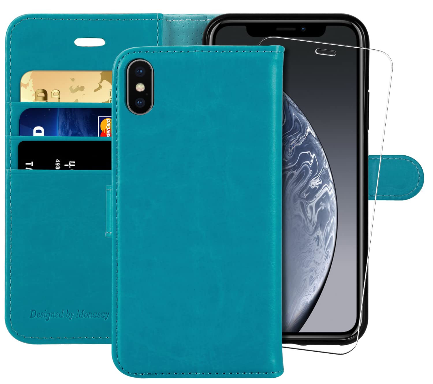 MONASAY iPhone Xs MAX Wallet Case,6.5-inch, [Glass Screen Protector Included][RFID Blocking] Flip Folio Leather Cell Phone Cover with Credit Card Holder for iPhone Xs MAX,Light blue