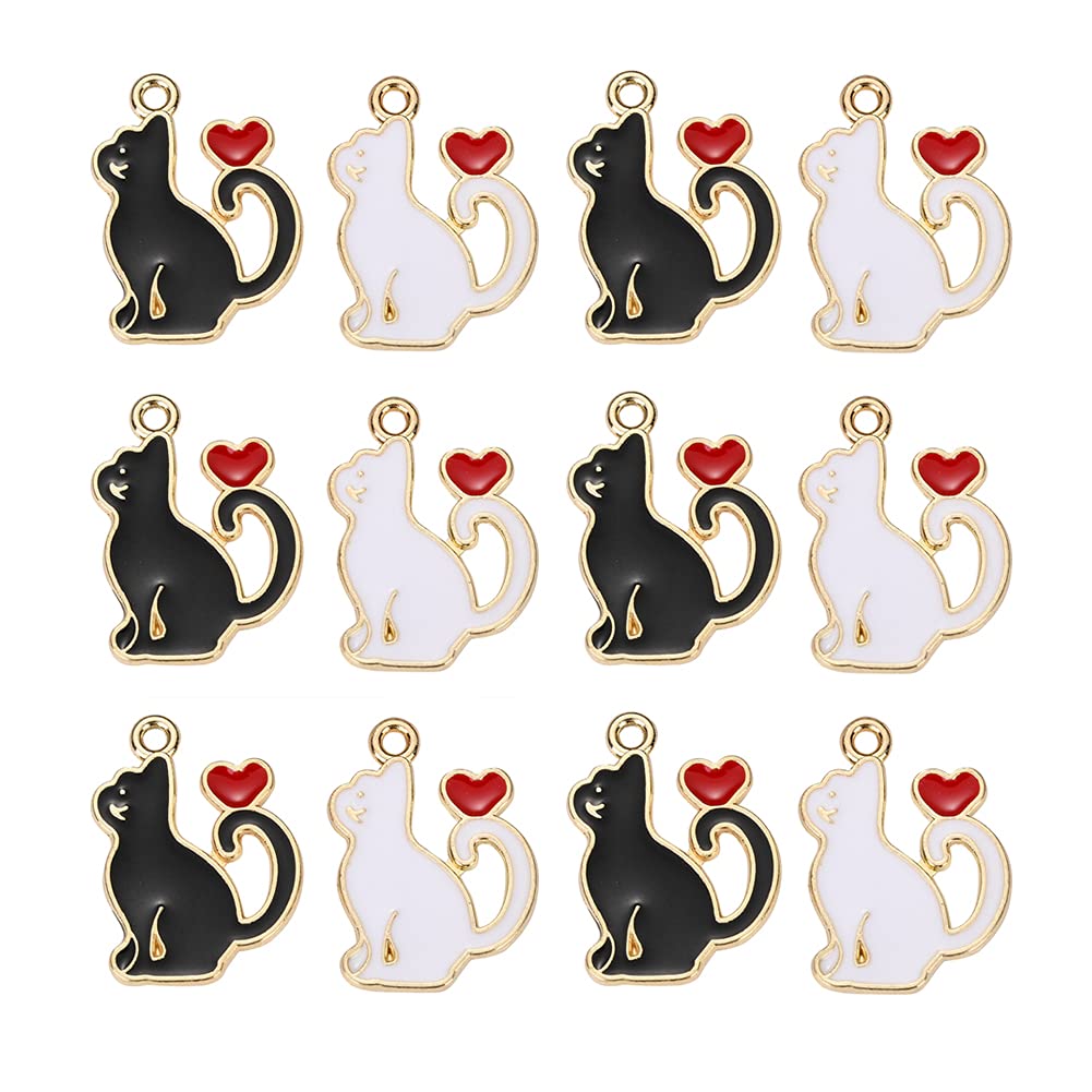 Airssory 40 Pcs 2-Colors Black White Cat Animal Shape Enamel Charms Dangle Pet Beads Golden for Necklace Bracelet Jewellery Making Crafting Supplies - 20x15mm