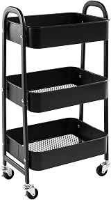 DOWORKS Storage Trolley on Wheels 3 Tier Metal Cart Kitchen Craft Books Black
