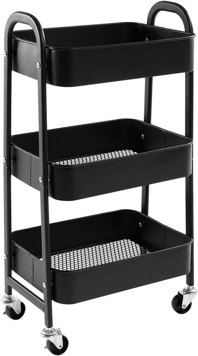 DOWORKS Storage Trolley on Wheels 3 Tier Metal Cart Kitchen Craft Books Black