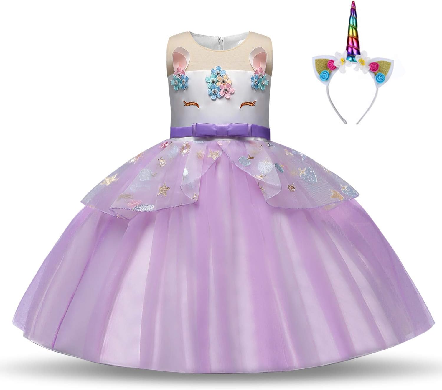 Girls Unicorn Dress with Headband Princess Dressing Up Outfit for Party Costumes, World Book Day, Carnival, Fairytale and Other Occasions