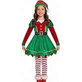 Okbebe Girls Elf Dress Up Kids Christmas Dress Xmas Party Outfit with Hat Socks