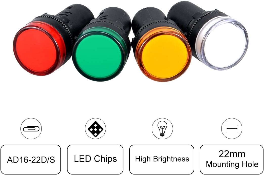 uxcell 4Pcs Red Green Yellow White Indicator Light AC/DC 24V, 22mm Panel Mount, for Electrical Control Panel, HVAC, DIY Projects: Home Improvement