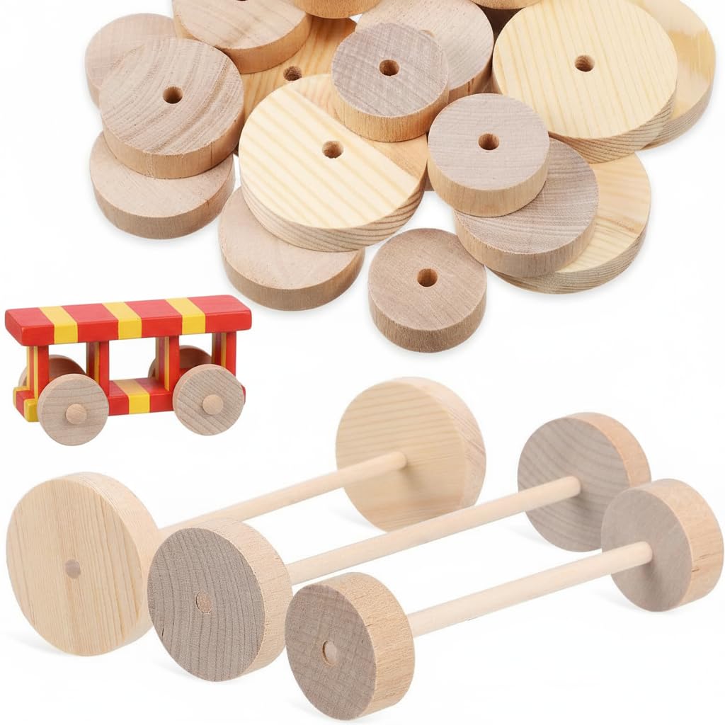 VILLCASE 30pcs Wooden Wheels and 24pcs Wooden Sticks, 3 Size Unfinshed Wood Wheels for DIY Craft, Wood Crafts Tires for Car Model Making, Painting and Decoration