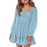 Haloumoning Girls Long Sleeve Dress Kids Square Neck Tie Backless Ruffle A-Line Mini Dresses 5-14 Years