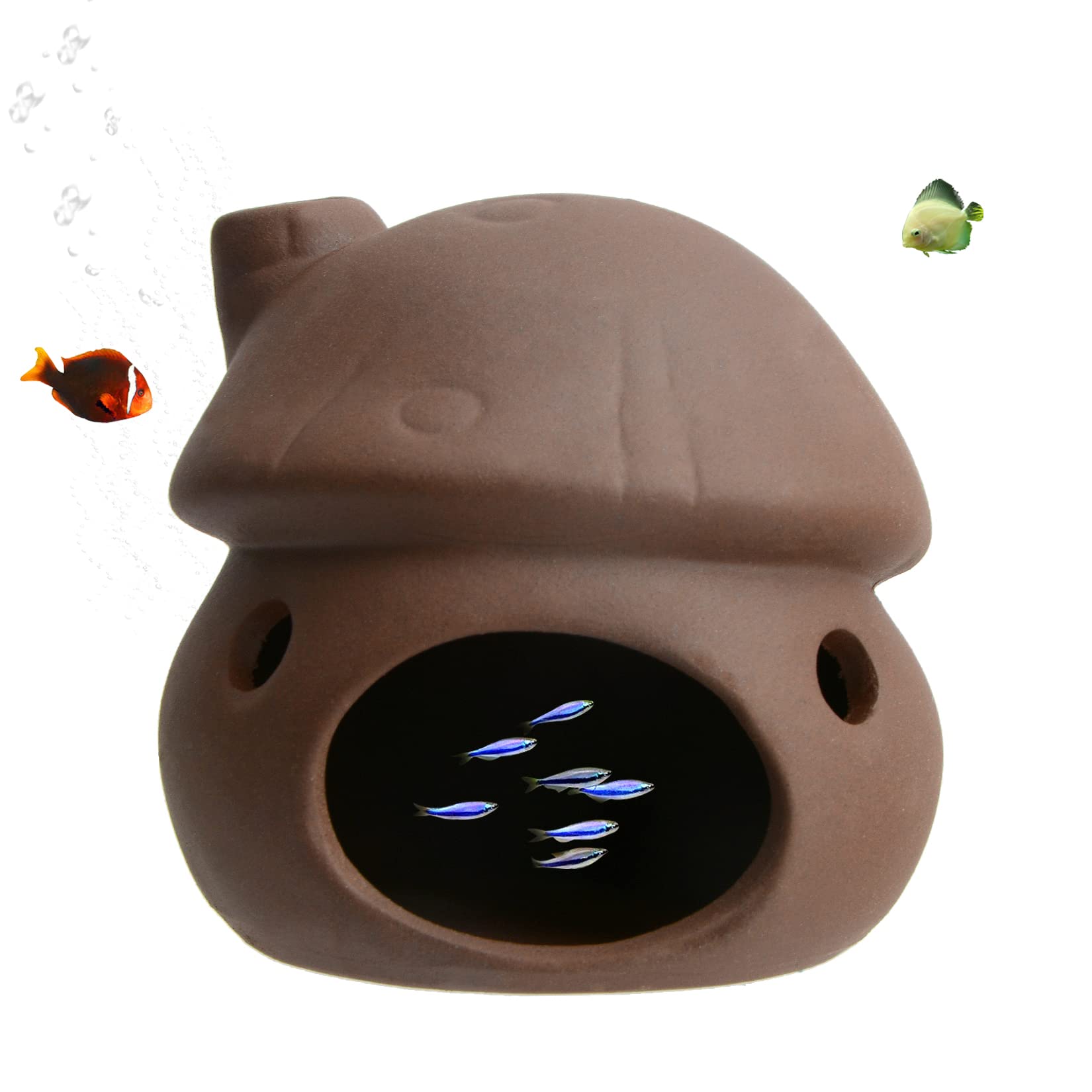 Photo 1 of ZYHW Aquarium Decor Ceramic Mushroom House Ornament Fish Tank Landscape Decoration Pottery Hide Cave Habitat Hut Small Shrimp for Goldfishes to Rest Breed Hiding (Brown)