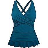 Hilor Women's Underwire Tankini Tops Tummy Control Swimsuits Crossover V Neck Swim Tops with Ruffle Hem