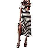 MARZXIN Women 2026 Casual Maxi Dress Short Sleeve V Neck Stripe Sundress Split Loose Long Summer Tshirt Activewear Dress