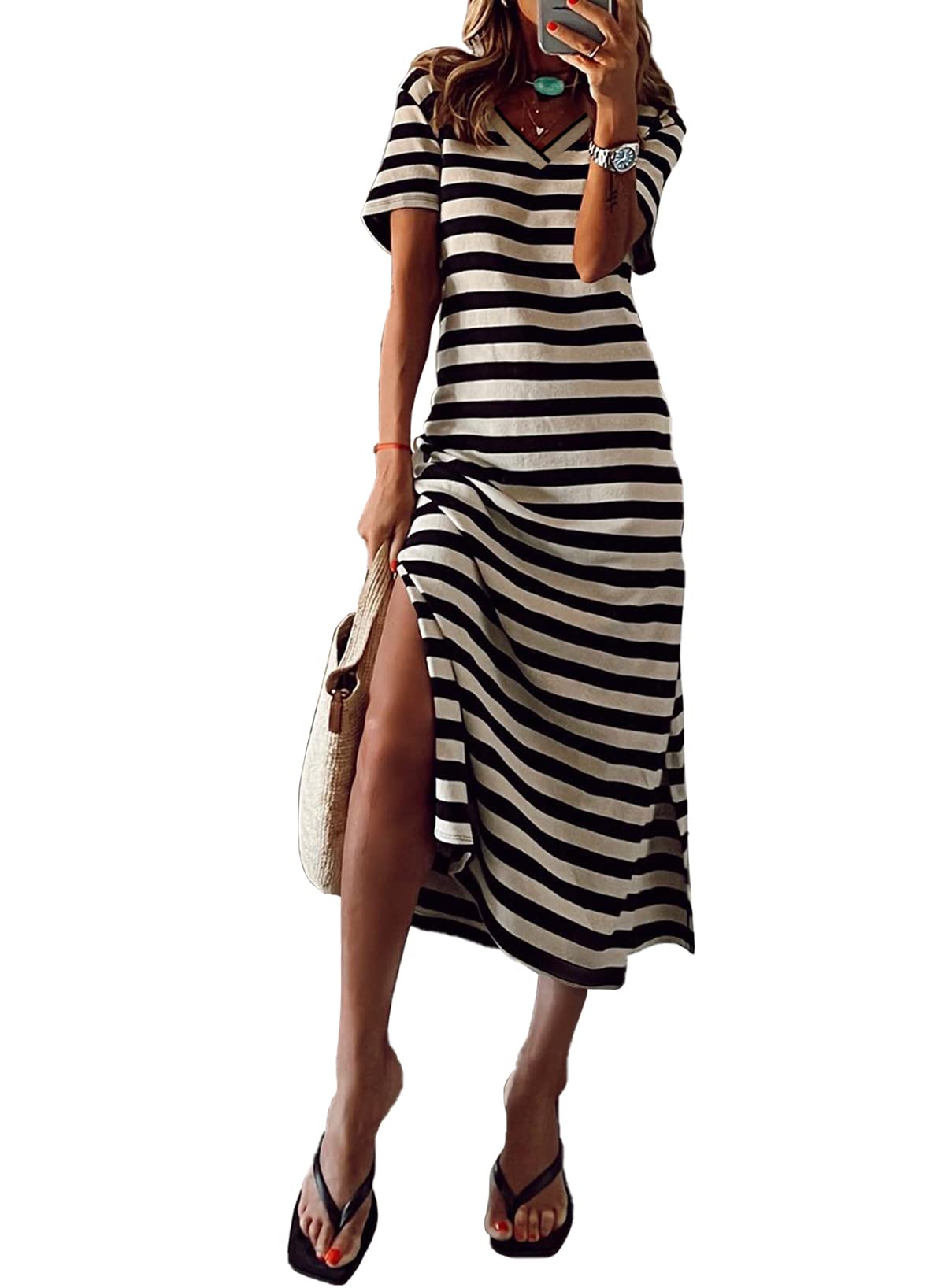 Women 2024 Casual Maxi Dress Short Sleeve V Neck Stripe Sundress