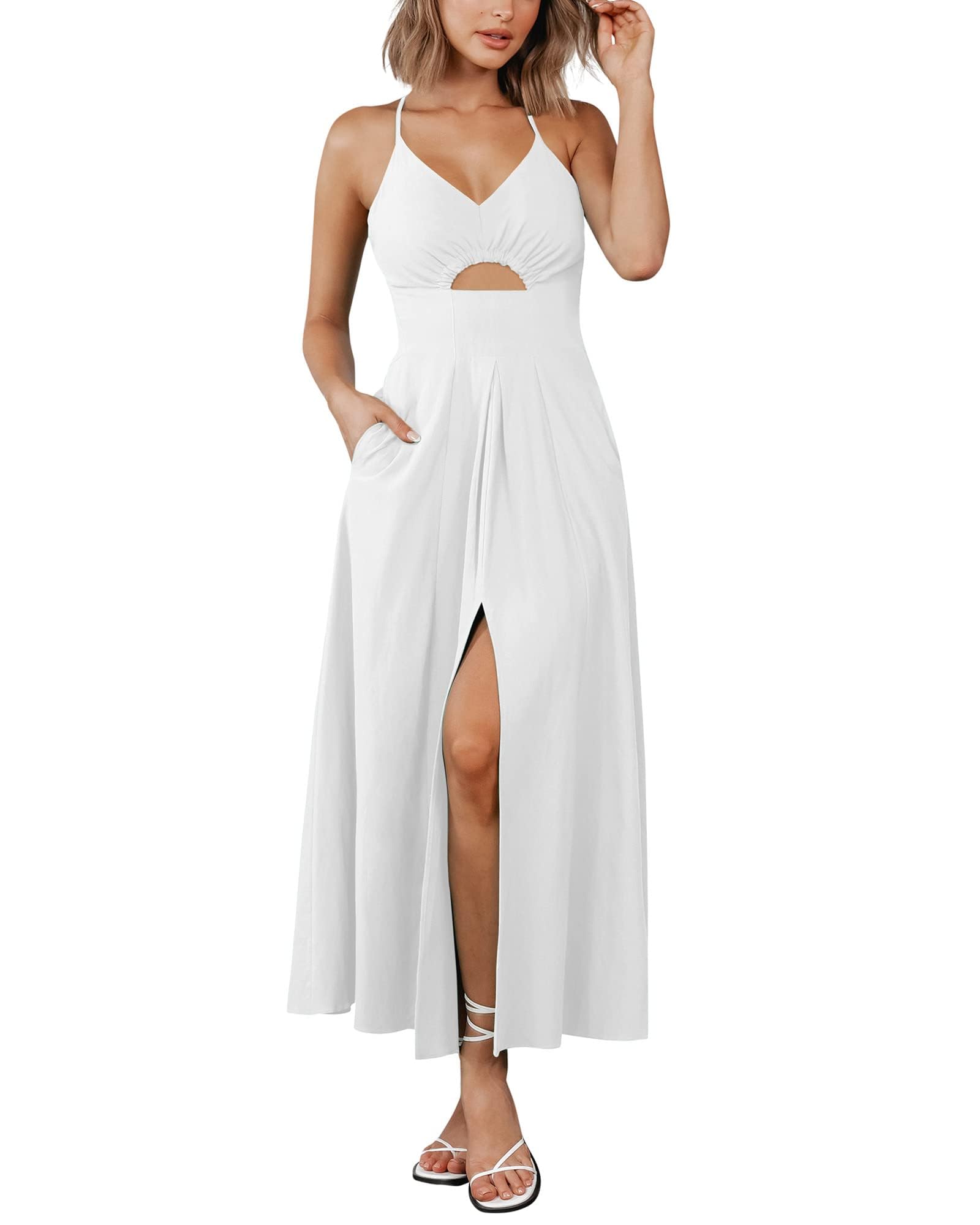 Photo 1 of BTFBM Women 2025 Summer Spaghetti Strap Midi Dress Sleeveless V Neck Cutout Slit Casual Beach Party Maxi Dresses Pockets(White, Large)
