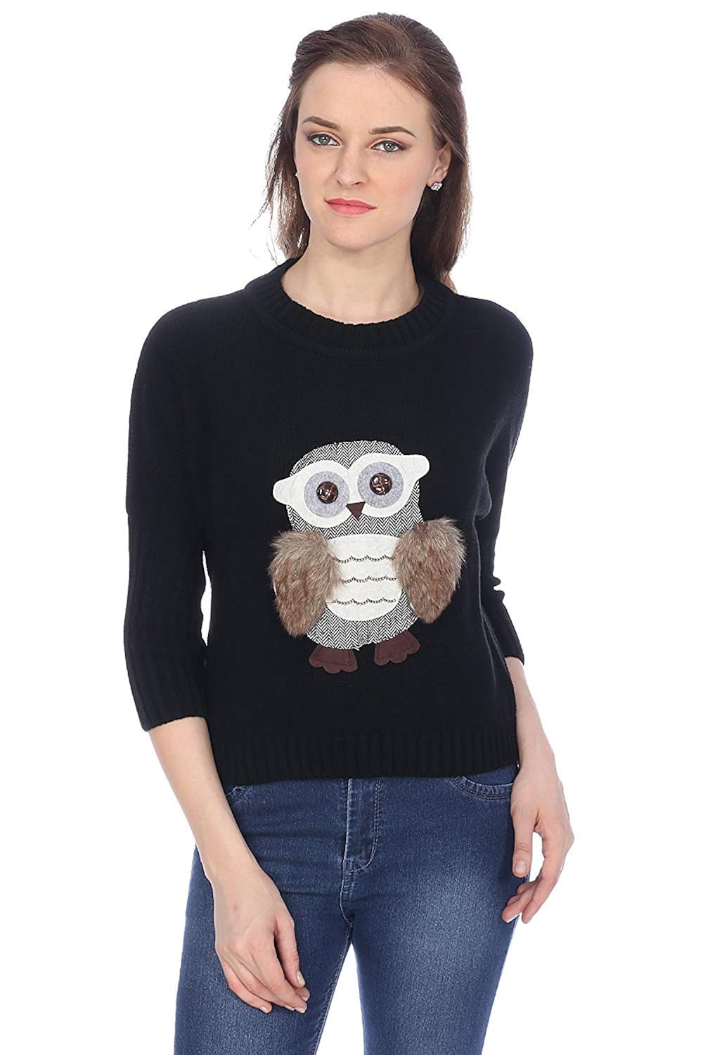 icable women's round neck black owl sweater pullover for winter