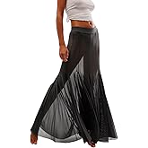 Womens Maxi Skirts Mesh Pleated 2025 Summer Trendy Sexy Club Sheer Boho Beach Cover Up Flowy Long Tulle Skirt