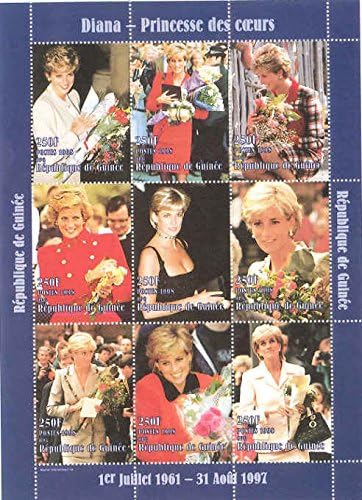 Diana - Princess of Hearts, 9 Stamp Sheet with Blue Border and Photos with Roses, Guinea 1998