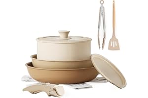 CAROTE 10pcs Pots and Pans Set, Ceramic Cookware Set Detachable Handle, Induction Nonstick Kitchen Cookware Sets with Removable Handle, Non Stick RV Cookware Set, Oven Safe Cookware Set, Multicolor