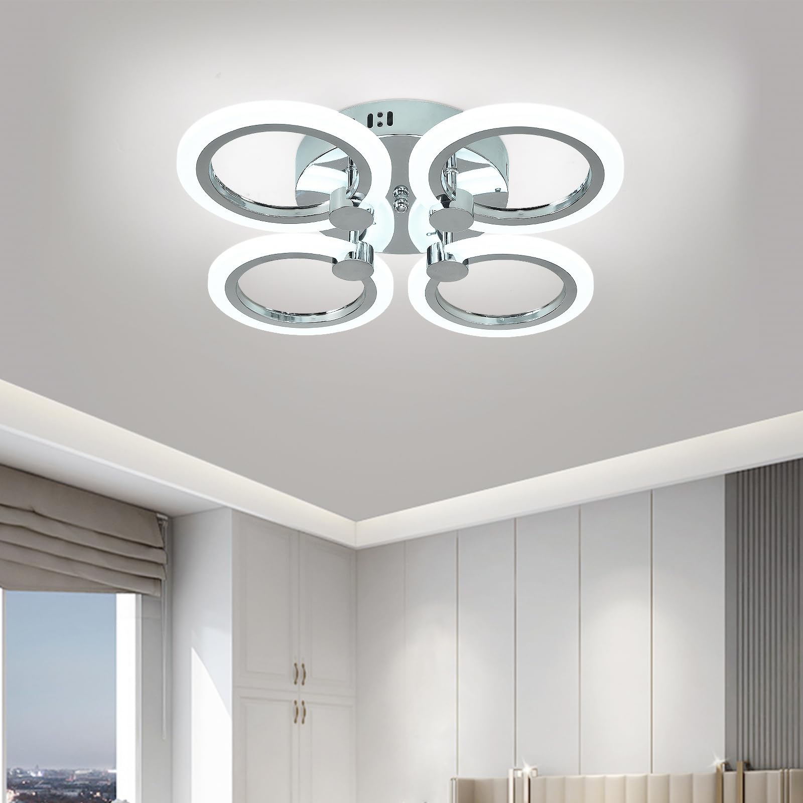 Hudi Fyier Modern LED Flush Mount Ceiling Light, 4 Rings, Chrome, 6500K for Bedroom, Dining, Living Room, Office