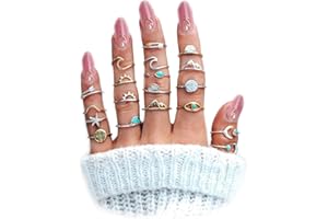 FUTIMELY Boho Retro Stackable Rings Sets for Teen Girls Women,Peak Sea Wave Compass Turquoise Rhinestone Knuckle Joint Finger