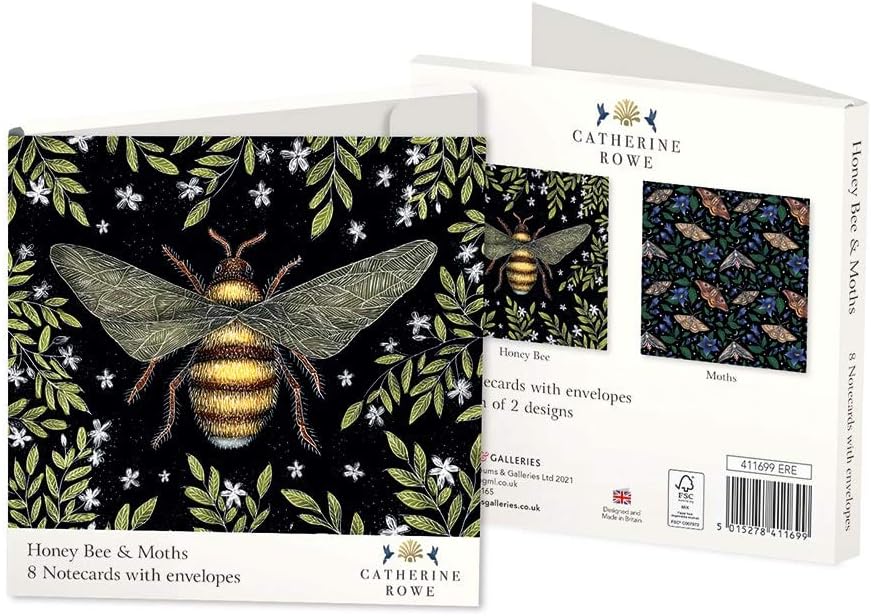 Museums & Galleries Pack of 8 Blank Notecards from Catherine Rowe Honey Bee & Moths Notecards 4 Each of 2 Designs